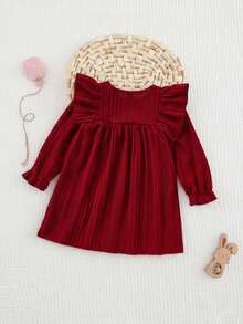 Cozy Pixies Gaun Bayi Perempuan Rajut Warna Polos Lembut dengan Leher Bulat, Hem Berkerut, Pinggang Diikat, Lengan Panjang, Gaun Musim Gugur/Natal - Merah - View 2