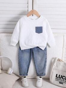 SHEIN 2 件套男婴/女婴休闲白色运动衫和蓝色牛仔长裤运动服，男女通用秋冬婴儿服装 - 彩色 - 查看 1