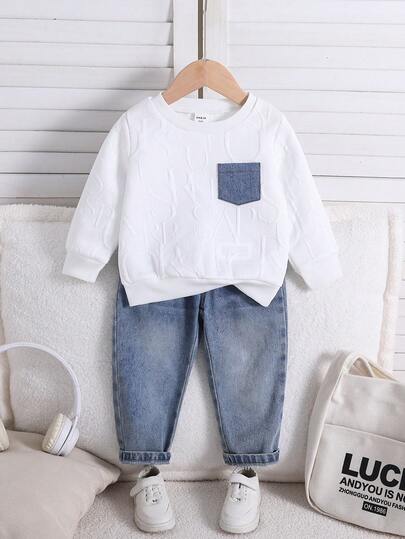 SHEIN 2 件套男婴/女婴休闲白色运动衫和蓝色牛仔长裤运动服，男女通用秋冬婴儿服装