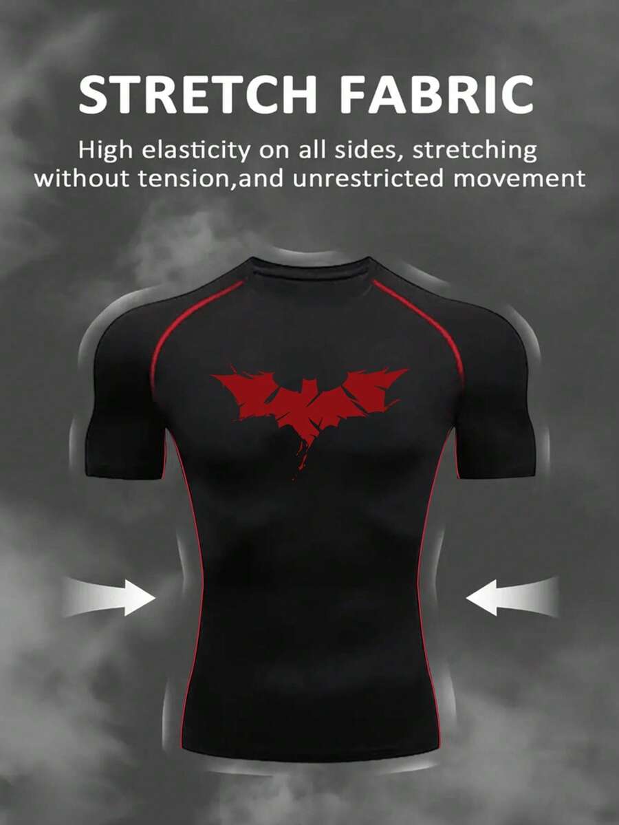 Manfinity Sport Corelite Áo thun thể thao tay ngắn ôm vừa vặn in hình dơi cho nam, áo tập gym, áo bó, áo ôm vừa vặn, thoáng khí, cổ tròn - màu đen - Xem 1