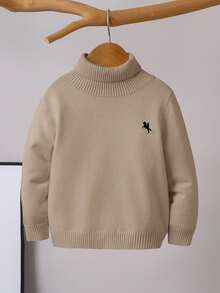1pc Young Boys' Casual Comfortable Solid Color Versatile Loose Fit Turtleneck Sweater, Can Be Worn As Base Layer Or Outerwear - Khaki - View 3