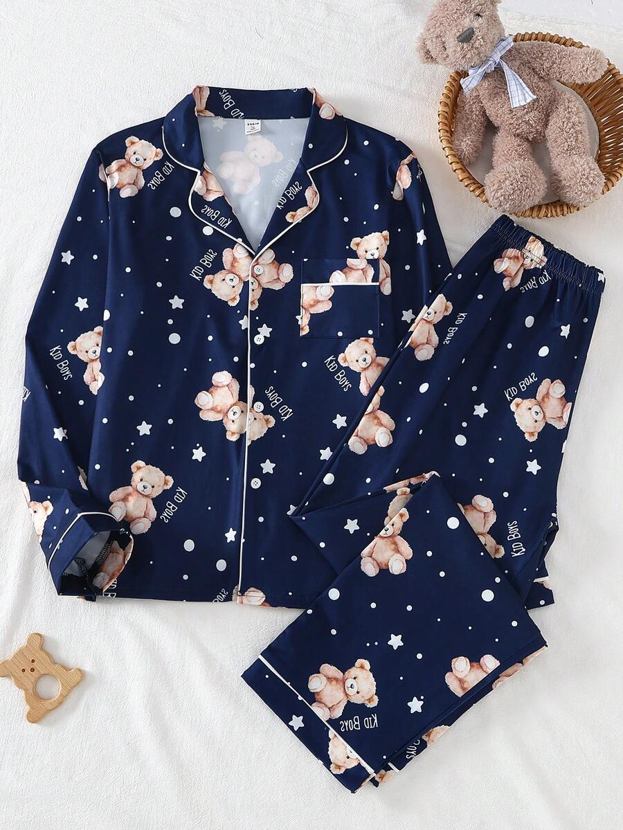 Teenage Boys' Bear Print Long Sleeve Cardigan & Pants Pajama Set Teddy Bear Pajama Set Teen Boys Pajamas-Pajama Set Button Down Collar Long Sleeve Long Pants Teddy Bear Star Print Navy Four Season 2026 New Year Essential Versatile And Comfortable Warm And Cute Style - Multicolor - View 1
