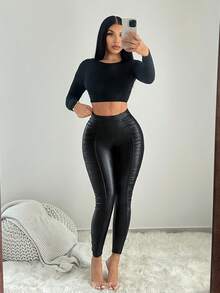 SHEIN SXY 女士褶皱休闲黑色皮革街头紧身裤 - 黑色 - 查看 4