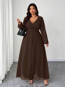 SHEIN Elenzya Bộ đồ liền thân ống rộng bằng vải voan ngọc trai cổ chữ V nhún bèo cỡ lớn, thích hợp cho khách dự tiệc cưới, bộ đồ liền thân màu đỏ tía thanh lịch dành cho quý cô, bộ đồ liền thân dài tay thắt eo cổ điển lãng mạn - màu nâu - Xem 5