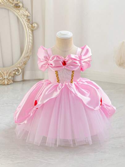 Glamorique Kids Baby GirlPrincess Tulle Dress, Fuchsia Mesh Party Gown, Birthday Party, Prom Dress, Red Gemstone Embellished, Partywear, 3D Red Rose Decor, Elegant Formal Dress, Middle East & European Style