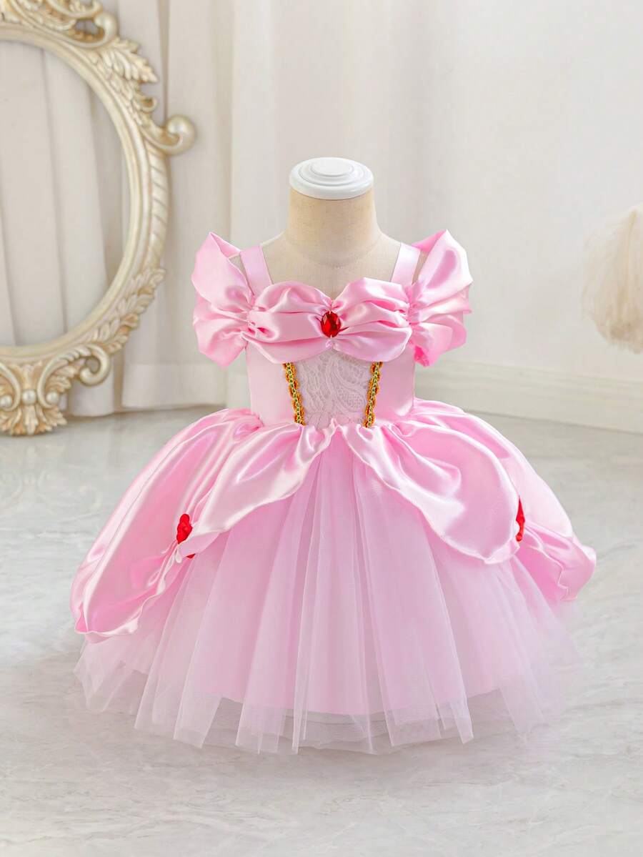 Glamorique Kids 女婴公主薄纱连衣裙，紫红色网纱派对礼服，生日派对，舞会礼服，红色宝石点缀，派对服饰，3D红色玫瑰装饰，优雅正式礼服，中东和欧洲风格 - 粉色 - 查看 1
