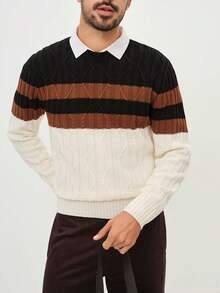 Manfinity CityGents Men's Contrast Color Crew Neck Casual Long Sleeve Pullover Sweater, Autumn/Winter Mens Cable Knit Sweater Brown Sweater Men  Men Sweater Top Men Buttoned Knitted Polo - Multicolor - View 6