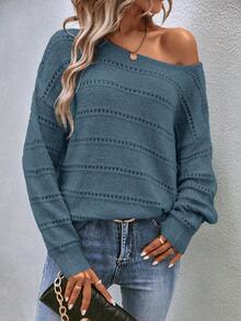 SHEIN Casual Solid Color Drop Shoulder Sweater, Autumn/Winter - Blue - View 6