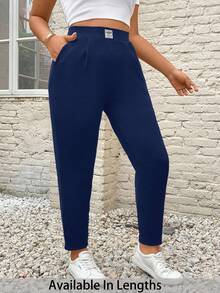 SHEIN PETITE CURVE Plus Size Women's Letter Embroidered Pockets Casual Tapered Pants/Winter - Navy Blue - View 1