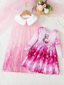 SHEIN Elladie kids Young Girl's Fashionable 2 Pieces Set: Long Sleeve Princess Dress + Mesh Cape Cloak, Suitable For Spring & Autumn - Pink - View 3