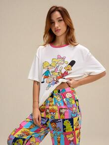 Nick 90s | SHEIN Women Cartoon Figure Graphic Round Neck Short Sleeve Top And Long Pants Pajama Set - Multicolor - View 4