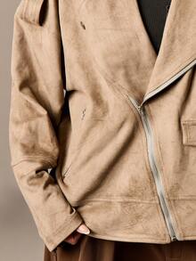 AiiRZ 超大款仿麂皮机车夹克，翻领设计，拉链闭合，适合秋冬季叠穿 - 軍綠色 - 查看 4