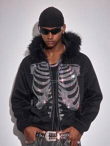 ROMWE MEN Street Life Unisex Rhinestone Embellished Skeleton Zip-Up Hooded Sweatshirt, Casual Street Style, Autumn/Winter, Long Sleeve Top - Black - View 10