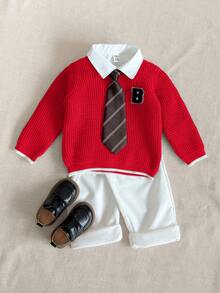 PrepCrw 男婴刺绣贴布圆领毛衣，学院风