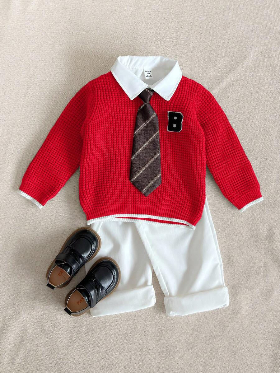 PrepCrw 男婴刺绣贴布圆领毛衣，学院风