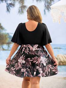 Swim Lushoire 大码女式热带植物印花荷叶边袖泳衣，配套泳裤单独出售 - 彩色 - 查看 2