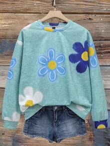SHEIN LUNE Casual Cute Floral Pattern Round Neck Loose Fit Women Sweatshirt, Suitable For Autumn/Winter,Casual - Multicolor - View 7