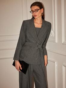 Uhlyne 女士休闲翻领长袖外套，不对称下摆无袖上衣和裤子套装，女士粗花呢两件套，女士家居服套装，女士套头衫套装，女士粗花呢两件套，女士家居服套装，女士套头衫套装 - 灰色 - 查看 6