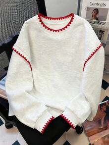 INAWLY Casual Loose Contrast Color Off-Shoulder Long Sleeve Sweatshirt - Light Grey - View 3