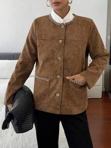 DAZY 女士休闲夹克，采用柔软绒面革面料，编织格纹图案，针织饰边，宽松版型，优雅街头风格，适合秋冬季节穿着。 - 駝色 - 查看 8