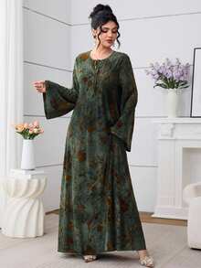 Al Najma 橄榄绿系带领针织提花宽松连衣裙 - 彩色 - 查看 6