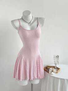 Elamini 2pcs/Set Women Ribbed Knit Cardigan & Ruched Waist A-Line Mini Dress Outfit, Pink, Spring/Autumn - Pink - View 5