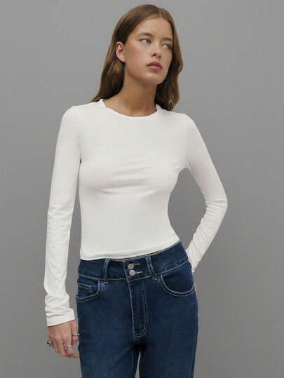 Nöista Spring-Summer Women Casual White Slim Fit Long Sleeves Stretch Base Top With Round Neck For New Year