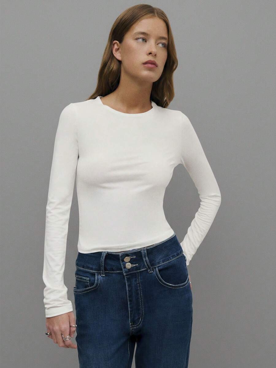 Nöista Spring-Summer Women Casual White Slim Fit Long Sleeves Stretch Base Top With Round Neck For New Year - White - View 1