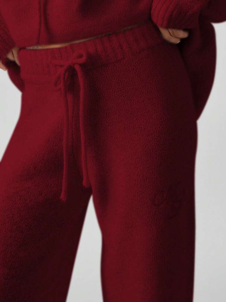 MISSGUIDED Women's High Waist Knitted Wide Leg Lounge Pants With Logo Detail Drawstring Waistband Winter Comfort