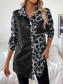 EMERY ROSE Women's Leopard Print Party Autumn And Winter Music Festival Casual Home Date Black Sequin Button Splicing Color Block Loose Long Sleeve Shirt - Grey - View 7