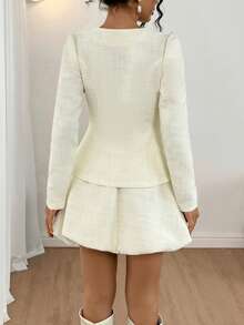 Gloray 女士泡泡袖单排扣外套和中长裙优雅两件套 - 米色 - 查看 2