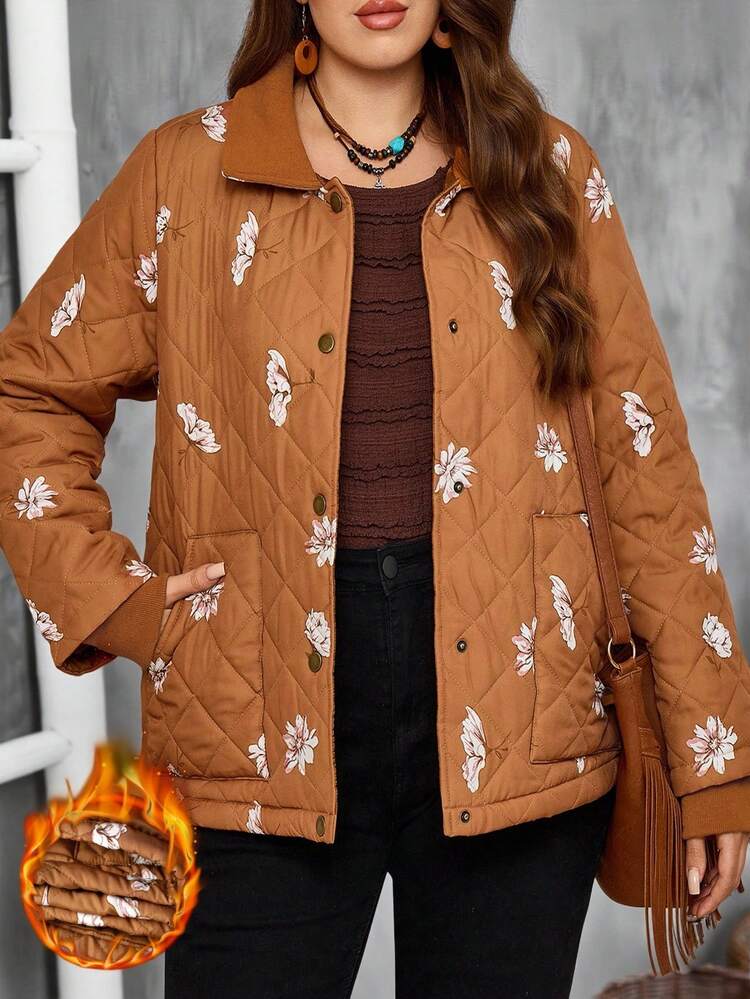 Plus Size Women Winter Country Vacation Casual Brown Floral Print Padded Coat, Plus Size Winter , Christmas For Women , New Year , Warm Hooded Thick Padded Coat, Winter, Going Out, 2025 New , Simple And Fashionable For Everyday Wear, Thickened Padded Coat, Quilted Coat With Pockets, Winter Brown Buttons Coat, Quilted Padded Coat