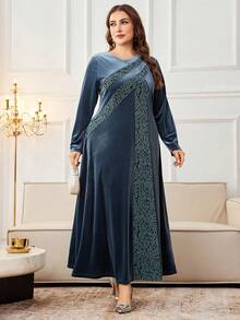 Al Najma Plus Size Women Velvet Jacquard Patchwork Elegant Minimalist Autumn/Winter Turkish Arabic Dress Kaftan Jalabiya Dress - Mint Blue - View 6