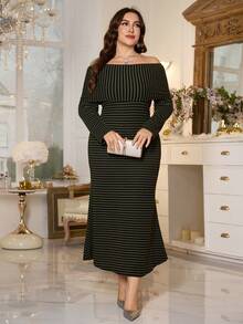 Modelyn Plus Size Striped Knit Off Shoulder Casual Comfortable Dress - Multicolor - View 3