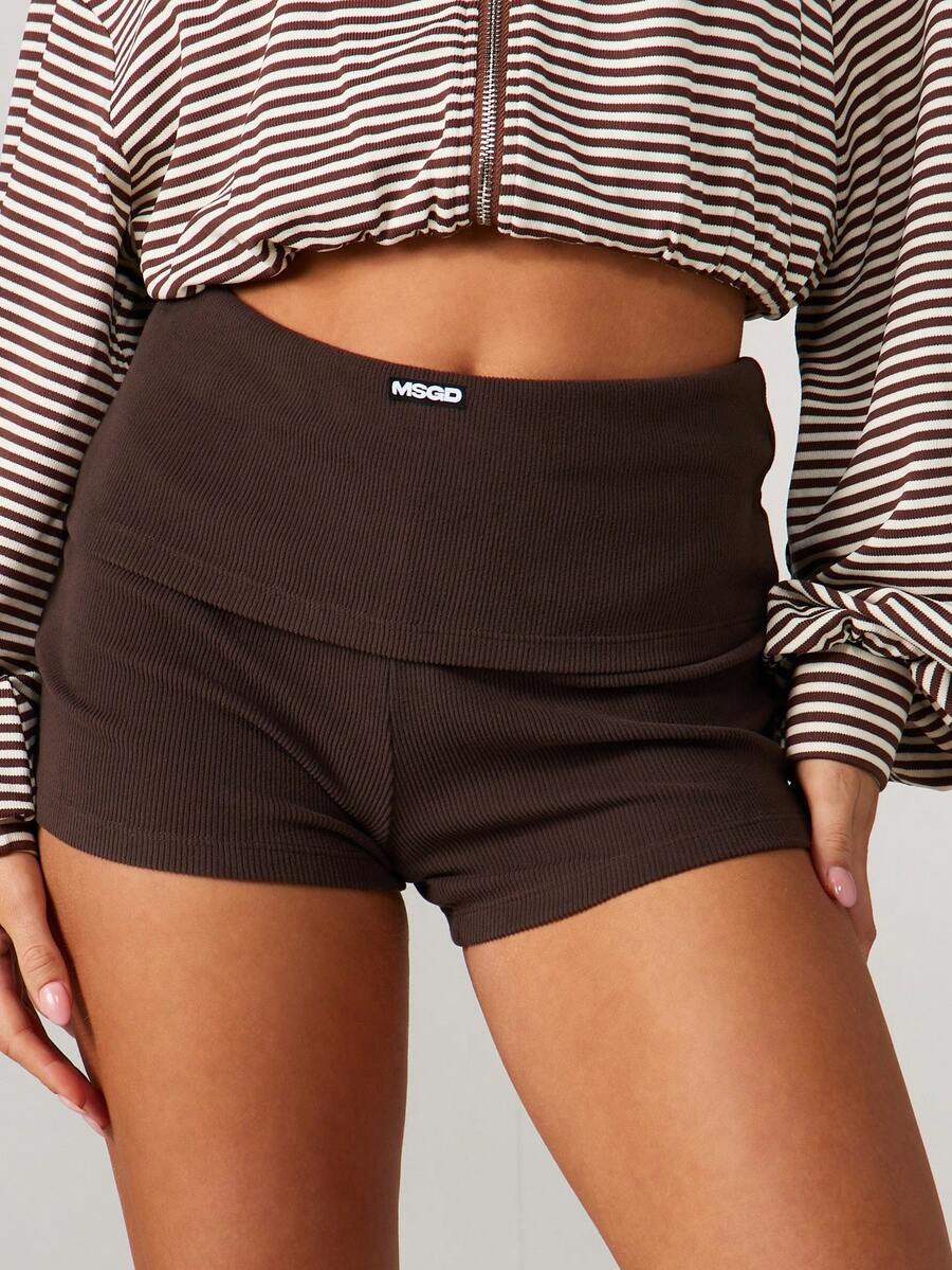 MISSGUIDED Quần short dệt kim gân cạp cao thoải mái cho lễ hội mùa hè - Cà phê nâu - Xem 1