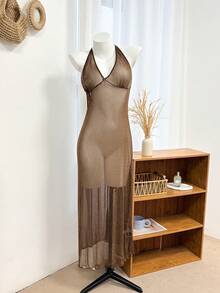 DAZY Áo ngủ gợi cảm hở lưng, cổ yếm, chất liệu lưới pha sợi bạc xuyên thấu dành cho nữ. - Cà phê nâu - Xem 7