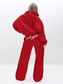 BABYPHAT Oversized Zip Up Hooded Sweatshirt With Script Print And High Neck For Casual Winter Streetwear - Red - View 5