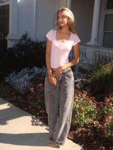 Sydney Algeri 女士甜美蕾丝边短袖 T 恤，修身版型，3 粒扣开合，休闲夏季上衣 - 淺粉色 - 查看 5