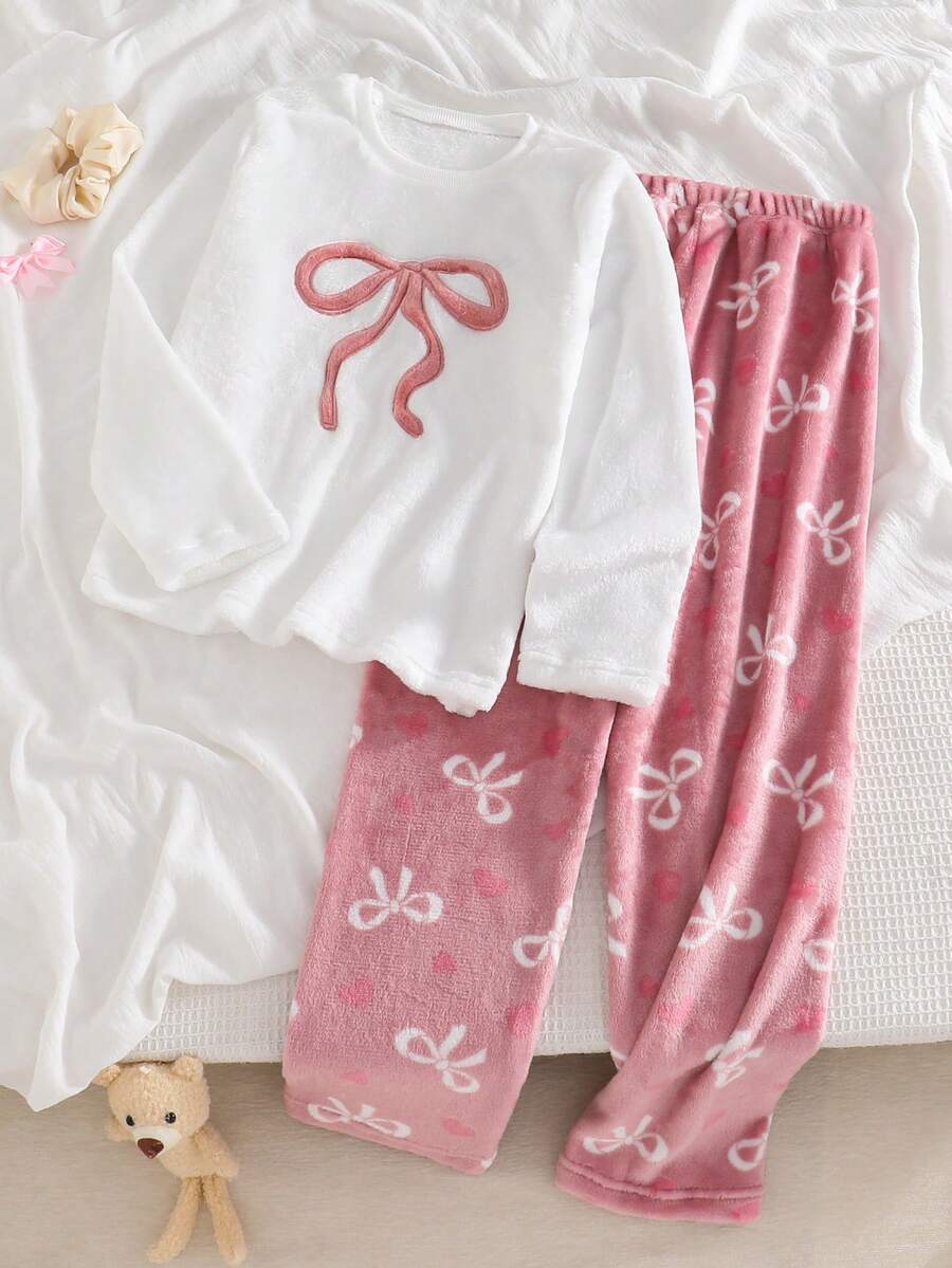 Tween Girls Pajamas Set, Flannel Butterfly & Heart Print Sleepwear, Embroidered Bow Crew Neck Long Sleeve Top Paired With All-Over Butterfly Print Pants, Soft & Cozy, Cloud-Like Comfort, Great For Christmas, Valentine's Day, Birthday, Best Friend Gifts - White - View 1