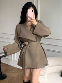 Celisse 女式纯色立领宽松风衣 - 卡其色 - 查看 5