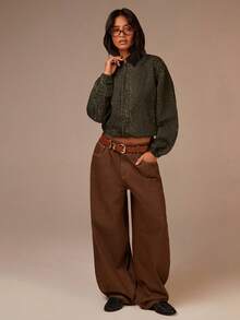 Athîral 女士休闲豹纹拉链前开襟落肩长袖口袋牛仔外套 - 彩色 - 查看 3