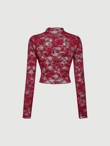 SHEIN MOD 两件装女士蕾丝透视长袖红黑上衣 - 紅色和黑色 - 查看 3
