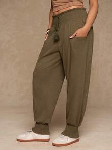 Freevana 大码女式纯色荷叶边腰抽绳口袋锥形休闲裤 - 軍綠色 - 查看 4