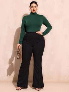 SHEIN SXY Plus Size Women's Autumn Teal Blue Slim High Collar Long Sleeve All-Match T-Shirt Basic T-Shirt Dark Green Tops Green Long Sleeve Top