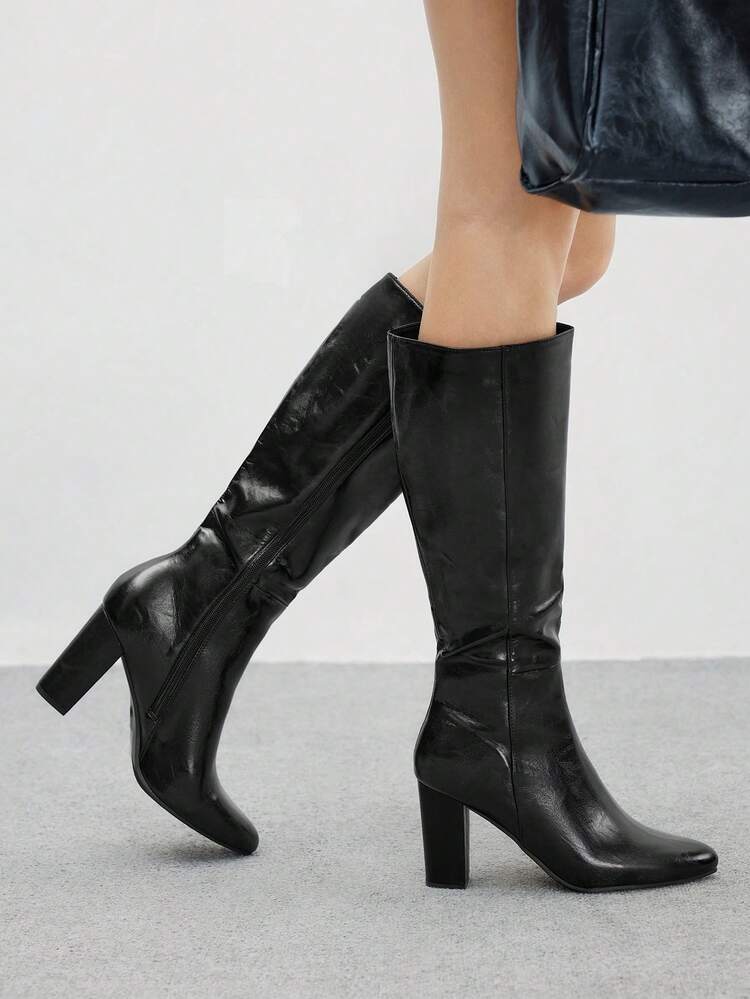 CUCCOO BIZCHIC Autumn/Winter New European & American Fashion Versatile High Heel Mid-Calf Boots, Leather Boots, Side Zipper Chunky Heel Women Boots
