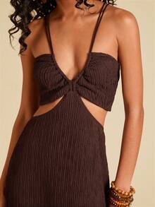 Travachic 女士度假纯色针织镂空露背修身连衣裙 - 咖啡棕 - 查看 5