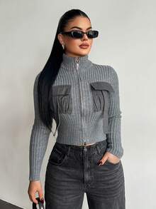 SHEIN SXY 女士常规款实用口袋拉链开衫，秋冬季 - 灰色 - 查看 6