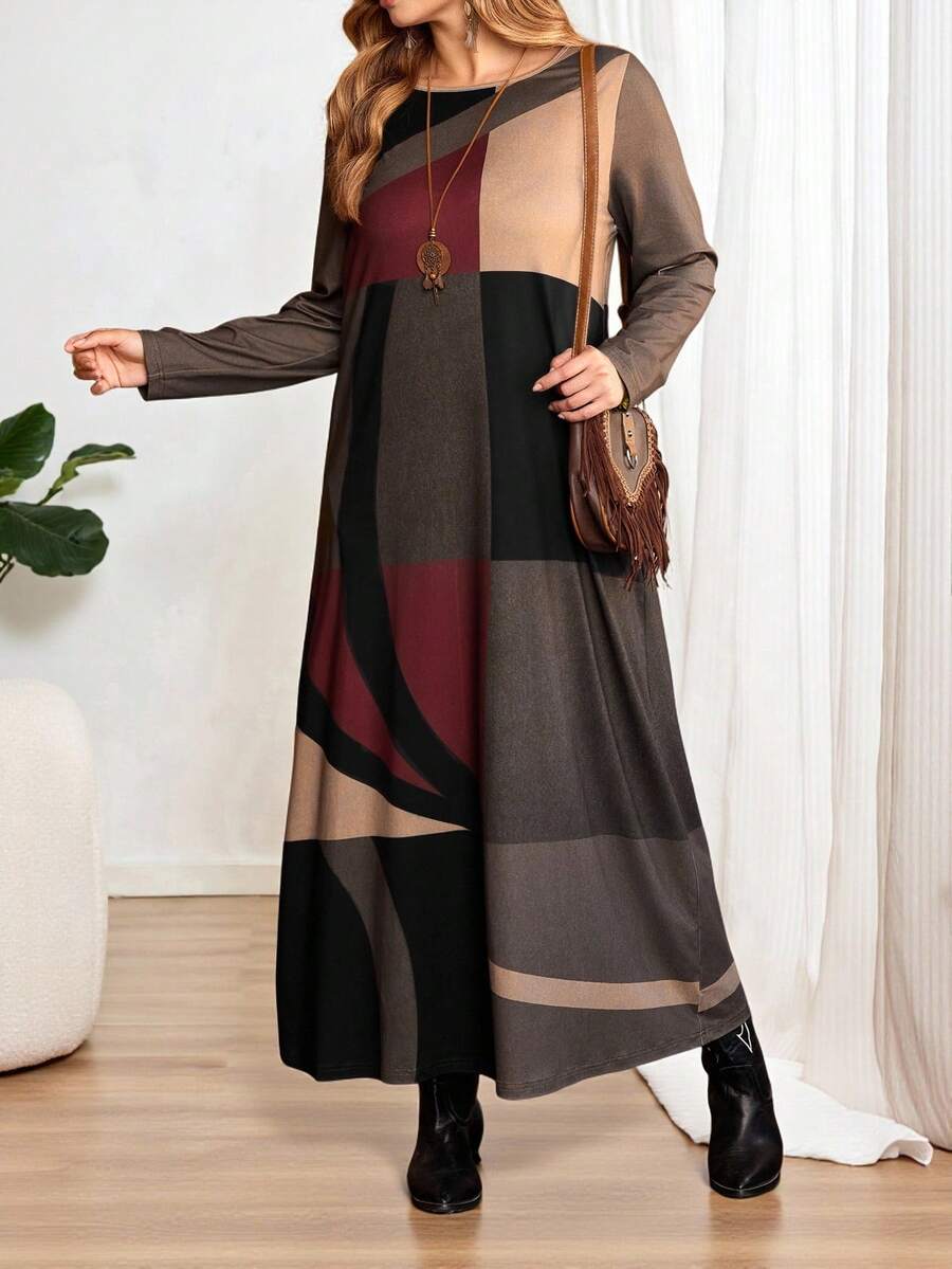 EMERY ROSE Plus Size Women  Country  Casual Vacation Round Neck Long Sleeve Geometric Print Color Block Long Dress With Pockets, ,Going Out Outfits, New Clothes,Simple And Fashionable For Everyday Wear, Plus Size ,  Outfit For Women ,New Year Clothes,,Thanksgiving Outfit For Women ,Flowy Dress,Comfortable And Breathable,Flower/Spring/Summer - Multicolor - View 1