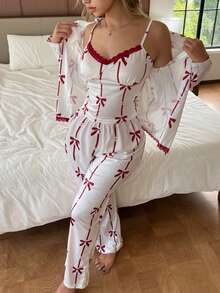 Miss Vinta 可爱蝴蝶结条纹印花睡衣套装，长袖上衣和裤子，蓬松睡衣套装，女士两件套睡衣，冬季服装 - 彩色 - 查看 3