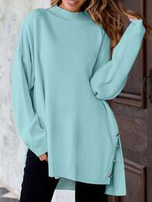 SHEIN Cottnline Suéter Con Abertura Lateral Y Detalle De Botones De Talla Grande - Azul Cadete - Ver 6